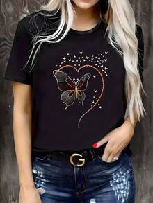 Women's Plus Size Casual T-Shirt 2026 - Round Neck, Short Sleeves, Stretch Fabric, Butterfly And Heart Print, Comfortable For All Seasons, Black With Gold Details, Everyday T-Shirt | Butterfly Heart Design | Stretch T-Shirt - 黑色 - 查看 1