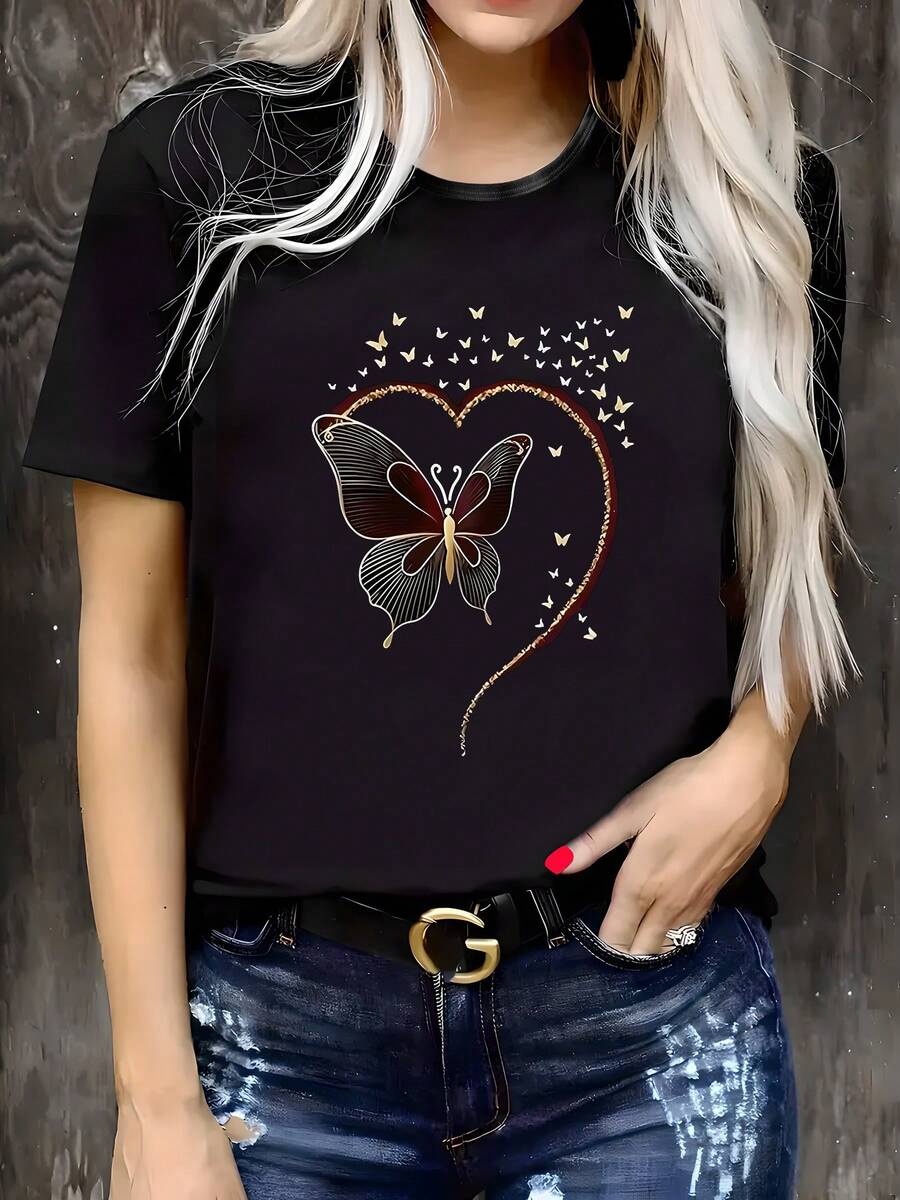 Women's Plus Size Casual T-Shirt 2026 - Round Neck, Short Sleeves, Stretch Fabric, Butterfly And Heart Print, Comfortable For All Seasons, Black With Gold Details, Everyday T-Shirt | Butterfly Heart Design | Stretch T-Shirt - 黑色 - 查看 1