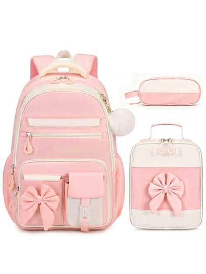 1 Set Cute Bow + Pom Pom Backpack Set, Includes Lunch Bag + Pencil Case, Large Capacity Multi-Pocket Lightweight Backpack, Luggage Strap, Suitable For Various Occasions - School Backpack, Travel Bag, Back To School Gift