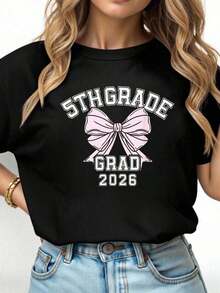 Camiseta de Graduación de Quinto Grado 2026 de la Escuela Primaria Bow - Camisetas Gráficas 100% Algodón para Mujer, Ropa de Corte Relajado para Todas las Temporadas, Transpirable y Cómoda - Negro - Ver 1