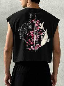 Unisex Casual Loose Minimalist Yin Yang Koi Samurai Sword Sleeveless Tank Top, American Retro Japanese Cherry Blossom Koi Fish Print Oversized Top - Black Round Neck Tank Top - Black - View 1