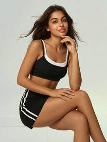 UONNOU Tennis Skirt Shorts Workout Set, Fake Two-Piece Color Block Sports Bra - Black - View 10