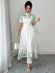 sfvsElenzga Vestido elegante de mujer con estampado floral, cuello alto y mangas cortas con pétalosvfdw HAFL - Verde - Ver 7