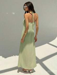 fsfvgsAloruh Nuevo vestido largo con cuello halter, plisado, sin espalda, con decoración de bolas metálicas, talla grande, silueta favorecedora en color champánsbfb s GUIW - Verde Gris - Ver 8