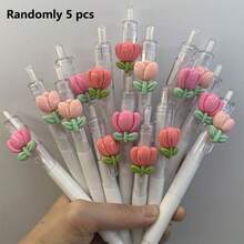 5pcs/Set Random Flower Tip Retractable Pens, 2sets/3sets Smooth Writing Ballpoint Pens, Suitable For Students, Exams, Office, Durable Stationery (Black) - White Chalk Flower - View 6
