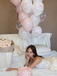 10/20/30/ Pcs Random Pink Bow Balloons, 12 Inch Pastel Light Pink Transparent White Bow Print Coquette Balloon For Women Birthday Bachelorette Party Bridal Shower Wedding Anniversary Decorations Supplies,Baby Shower - Pink - View 11
