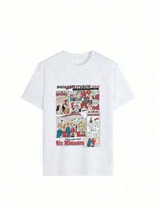 New Summer 2026 Collection, Women's Short Sleeve Crew Neck T-Shirt, Cartoon Letter Print, Versatile Casual Top, Fashionable Everyday Wear, Vintage Urban Style White, Unisex Short Sleeve Crew Neck T-Shirt, Cotton T-Shirt - 白色 - 查看 5
