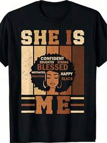 Ella Yo Women's Short Sleeve T-Shirt - Juneteenth Black History & Pride Festival T-Shirt - Adult Casual Crew Neck Short Sleeve T-Shirt With African Woman Portrait And Positive Affirmations - Standard Fit, New Spring/Summer Women's T-Shirt Collection - Fun Everyday Wear - Gift Must-Have - 100% Cotton - 黑色 - 查看 1
