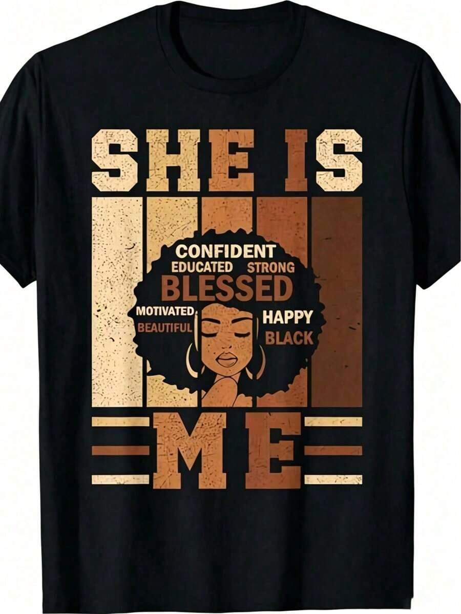 Ella Yo Women's Short Sleeve T-Shirt - Juneteenth Black History & Pride Festival T-Shirt - Adult Casual Crew Neck Short Sleeve T-Shirt With African Woman Portrait And Positive Affirmations - Standard Fit, New Spring/Summer Women's T-Shirt Collection - Fun Everyday Wear - Gift Must-Have - 100% Cotton - 黑色 - 查看 1