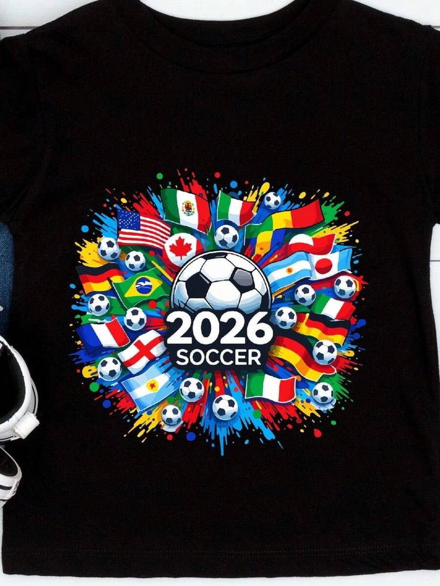 2026 Soccer  Colorful World Flags Toddler Tee, Youth Football Game Day Topblusas para mujer playeras de mujer vestidos casuales para mujer y2k playeras deportivas para mujer verano camisetas ropa de mujer Fashion Perfect For Daily - Negro - Ver 1