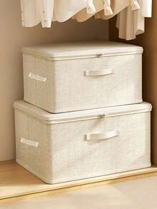 Storage Box With Zippered Lid, Storage Box With Handle, Foldable Lidded Home Cube Basket, Wardrobe Clothes Storage Container - Beige - View 3