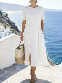 Vestido de vacaciones asimétrico con botones, de cuello redondo, de manga corta y de corte holgado, con aspecto de lino, para mujer, en color beige - Blanco - Ver 4