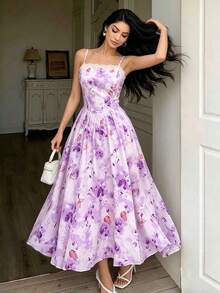 Vestido de cóctel de verano elegante con tirantes finos, estampado de mariposas y flores diminutas, para fiestas y vacaciones románticas - Morado - Ver 4