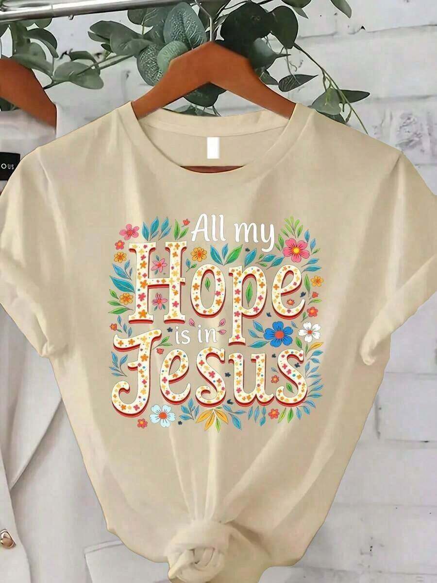 Plus Size, Trebalena Women's Oversized Floral Print T-Shirt "All My Hope Is In Jesus" - Christian Graphic T-Shirt 100% Comfortable With Vibrant Multicolor Print Casual Short Sleeve Crew Neck Top For Church, Casual Summer Outfit, Mother's Day Clothes, Free Shipping Women's Sports T-Shirt - 杏 - 查看 1
