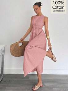 Women's Sleeveless A-Line Maxi Dress In Linen And Cotton, Spring And Summer - Army Green - View 1