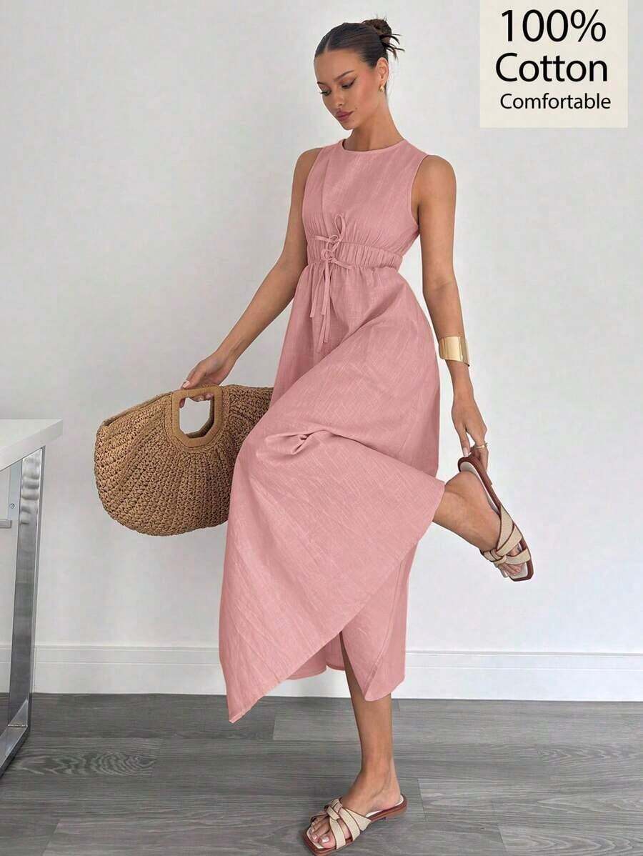 Women's Sleeveless A-Line Maxi Dress In Linen And Cotton, Spring And Summer - Army Green - View 1