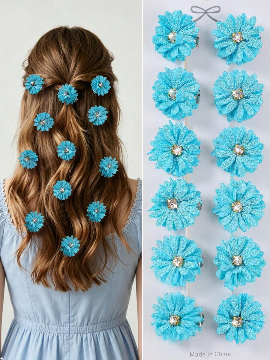 12pcs/Set Girls' Blue & White Rhinestone Fabric Daisy Flower Small Hair Clips, Fairy Princess Cute Hair Accessories, Bangs/Side Clips - Blue - View 1