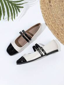 Spring & Autumn Mary Jane Shoes For Women, Uniform Small Leather Shoes With Double Straps, Plus Size Color Block Glossy Leather, All Season - Off White - View 8
