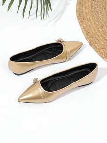 JiaYunNvXie Giày Mary Jane da sơn mài mới mùa Xuân/Thu 2025, giày slip-on mũi nhọn có dây xích kim loại dành cho nữ, cỡ lớn. - Vàng - Xem 4