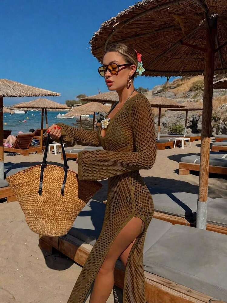 Vestido de punto de manga larga con cuello en V blanco, nueva colección Primavera/Verano 2026 de MORI.Decoración floral de peso pesado, estilo bohemio elegante, de moda y grácil.Adecuado para uso casual, playa, citas románticas, fiestas en yate y otras ocasiones de vacaciones. - Camello profundo - Añade 5