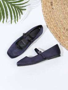Zapatos de mujer de terciopelo con puntera cuadrada tipo Mary Jane de color café - Azul Marino - Ver 6