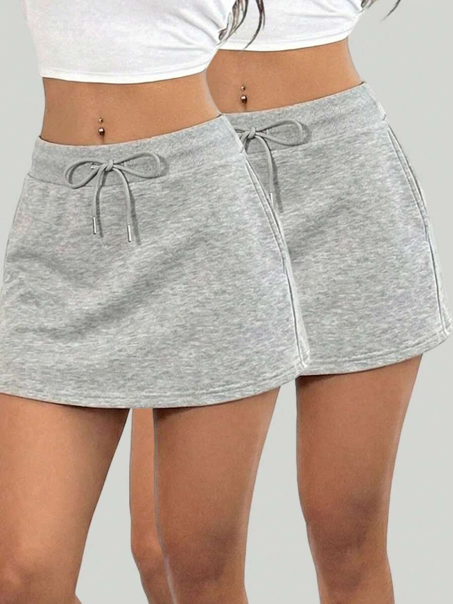 Women's Casual Mini Skirt With Drawstring, High Waist, Sporty Style - 香檳色 - 查看 1