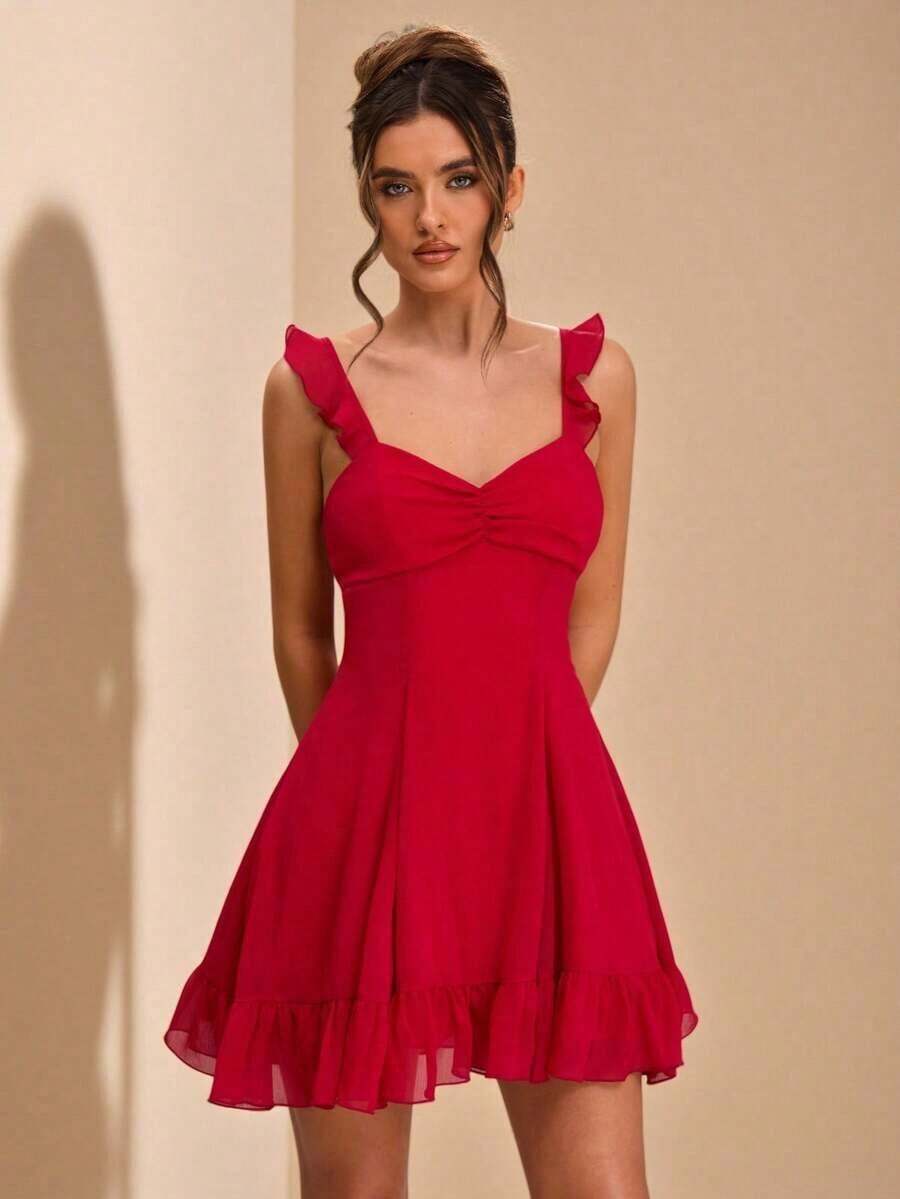 Vestido mini rojo con espalda descubierta, tirantes con lazo y dobladillo con volantes, vestido de verano ligero y ajustado, adecuado para invitada de boda, fiesta, cóctel, vacaciones en la playa, cumpleaños, graduación, elegante y sexy, para mú - Rojo - Ver 1
