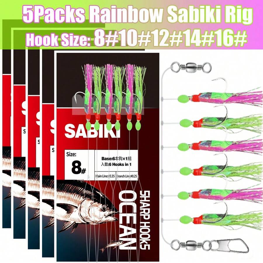 5包彩虹色沙比基钓组,5袋/30个鱼钩,适用于海钓,配有夜光珠和高碳钢鱼钩,可有效钓获大西洋鲭鱼、沙丁鱼、凤尾鱼、条纹鲈鱼、蓝鱼、金枪鱼等鱼类,钓鱼配件 - 玫紅色 - 查看 1