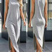 guang zhou mi qian shang mao  Vestido de tirantes casual de ajuste holgado con cuello redondo, sin mangas y bajo con abertura en color liso - Gris Claro - Ver 1