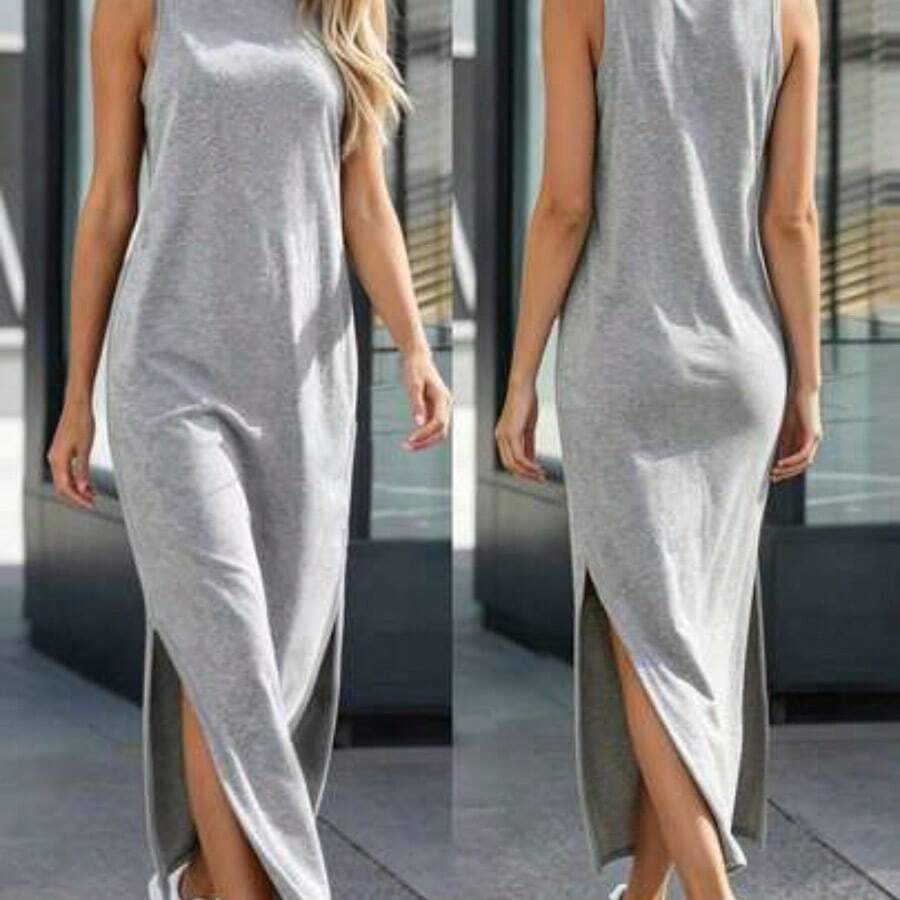 guang zhou mi qian shang mao Vestido de tirantes casual de ajuste holgado con cuello redondo, sin mangas y bajo con abertura en color liso - Gris Claro - Ver 1