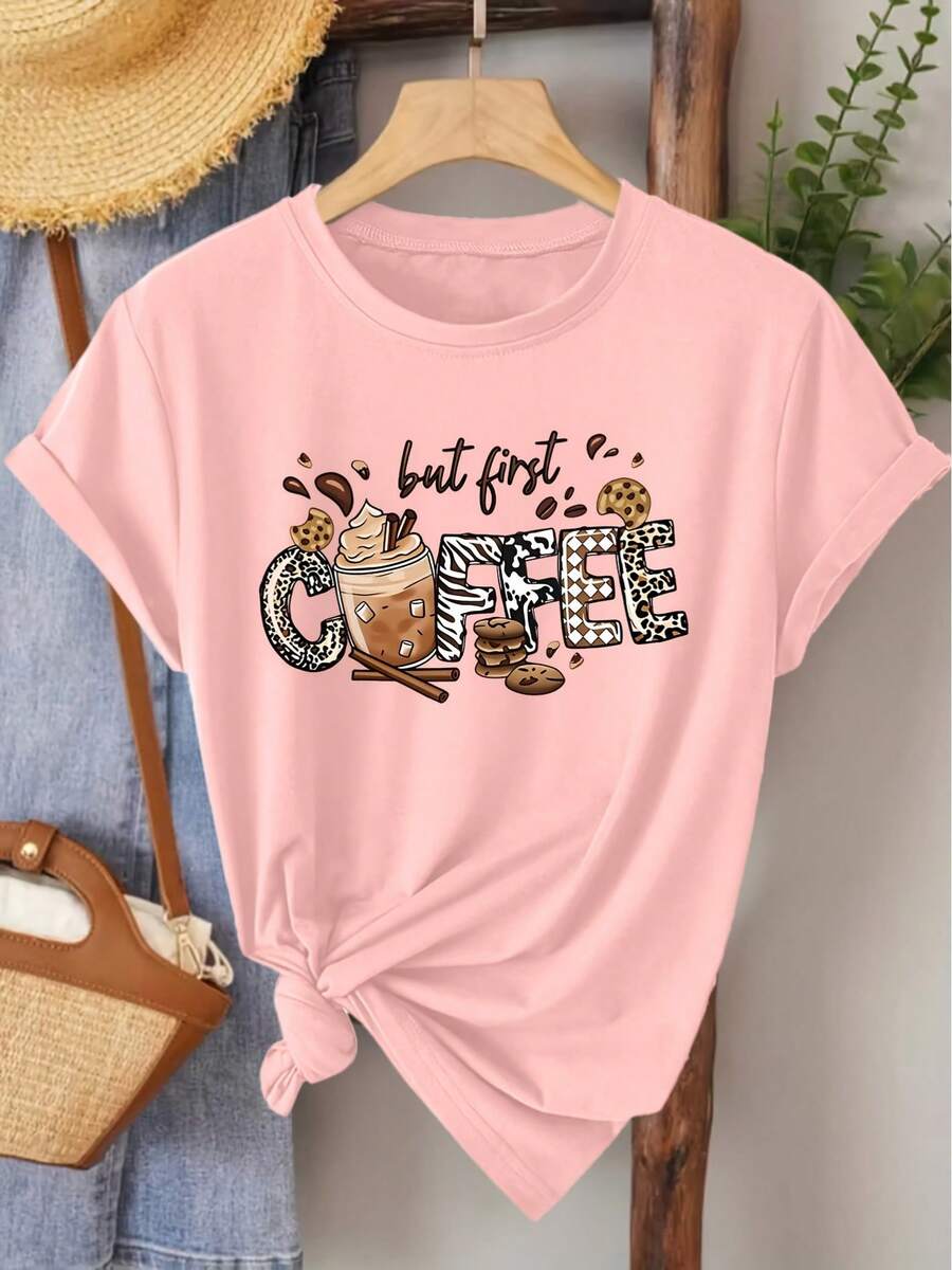 Camiseta de manga corta para mujer, estilo elegante, con estampado de tema café y cuello redondo, ideal para primavera, verano, otoño, moda, viajes diarios, vacaciones, casual, elegante, estilo retro, disponible en tallas S-XXL - Rosa - Ver 1