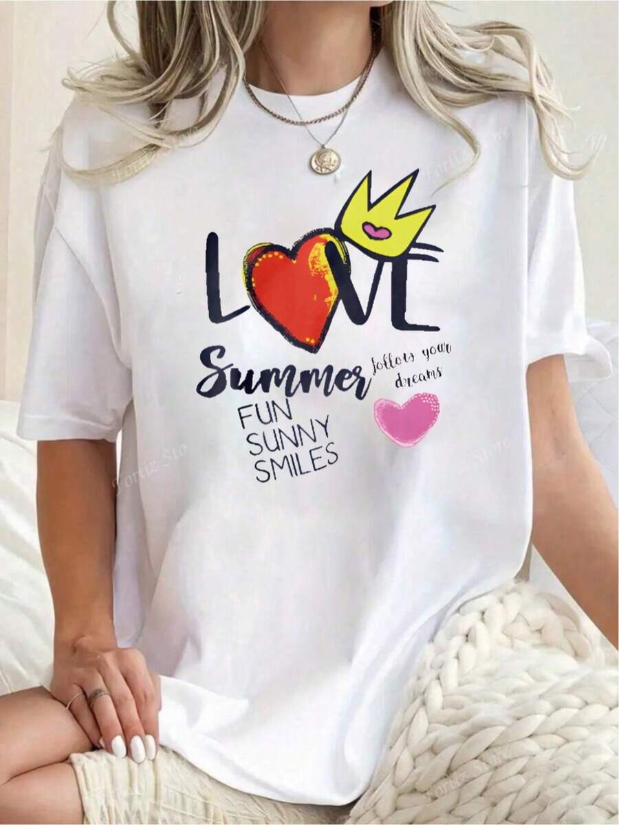 YOCASA Women's Casual Summer T-Shirt, Round Neck, Fitted Short Sleeve, With Oil Painting Print, Floral, Heart, Cherry And Letter Patterns. Simple Casual Fabric, Sporty Style, Ideal For Everyday Wear And Valentine's Day Dates. - 白色-YH407 - 查看 1