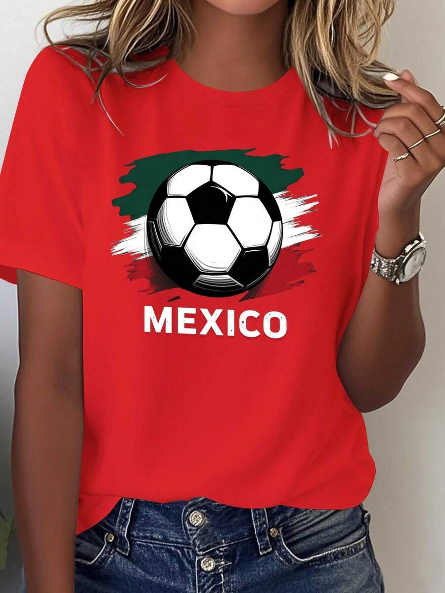 Camiseta cómoda de algodón para mujer con diseño de la bandera del fútbol mexicano - [Rojo] - Ver 1