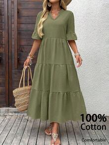 Vestido casual de unicolor con escote en pico para vacaciones de mujer - Verde - Ver 7