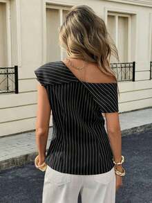 Blusa de hombro único elegante de verano con contraste de ribete, 100% algodón, color albaricoque, para mujer.Blusa ajustada con cuello plegado, estilo retro y elegante para la oficina.Cómoda y transpirable para eventos sociales. - Negro - Ver 5