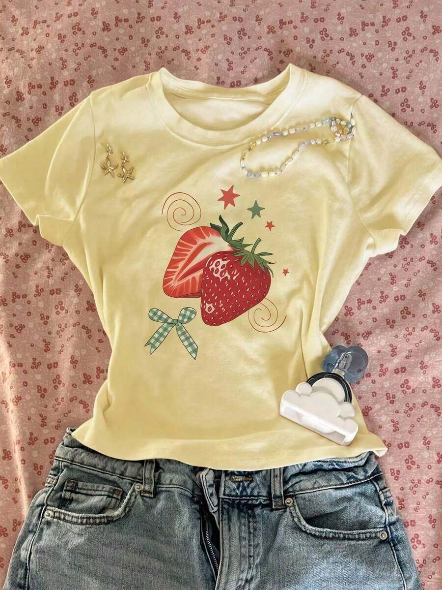 Camiseta de mujer de cuello redondo holgada de manga corta, con estampado de lazo de fresa pintado a mano en estilo retro americano dulce, adecuada para picnic de primavera, campus diario, citas, salidas casuales, mercado retro y otras ocasiones de verano - Amarillo 2 - Ver 1