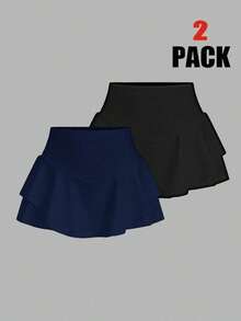 2 piezas Falda pantalón deportiva minimalista de unicolor para uso casual y diario de mujer, faldas cortas de verano, conjunto de 2 faldas pantalón, faldas de tenis para mujer - Azul marino - Ver 1