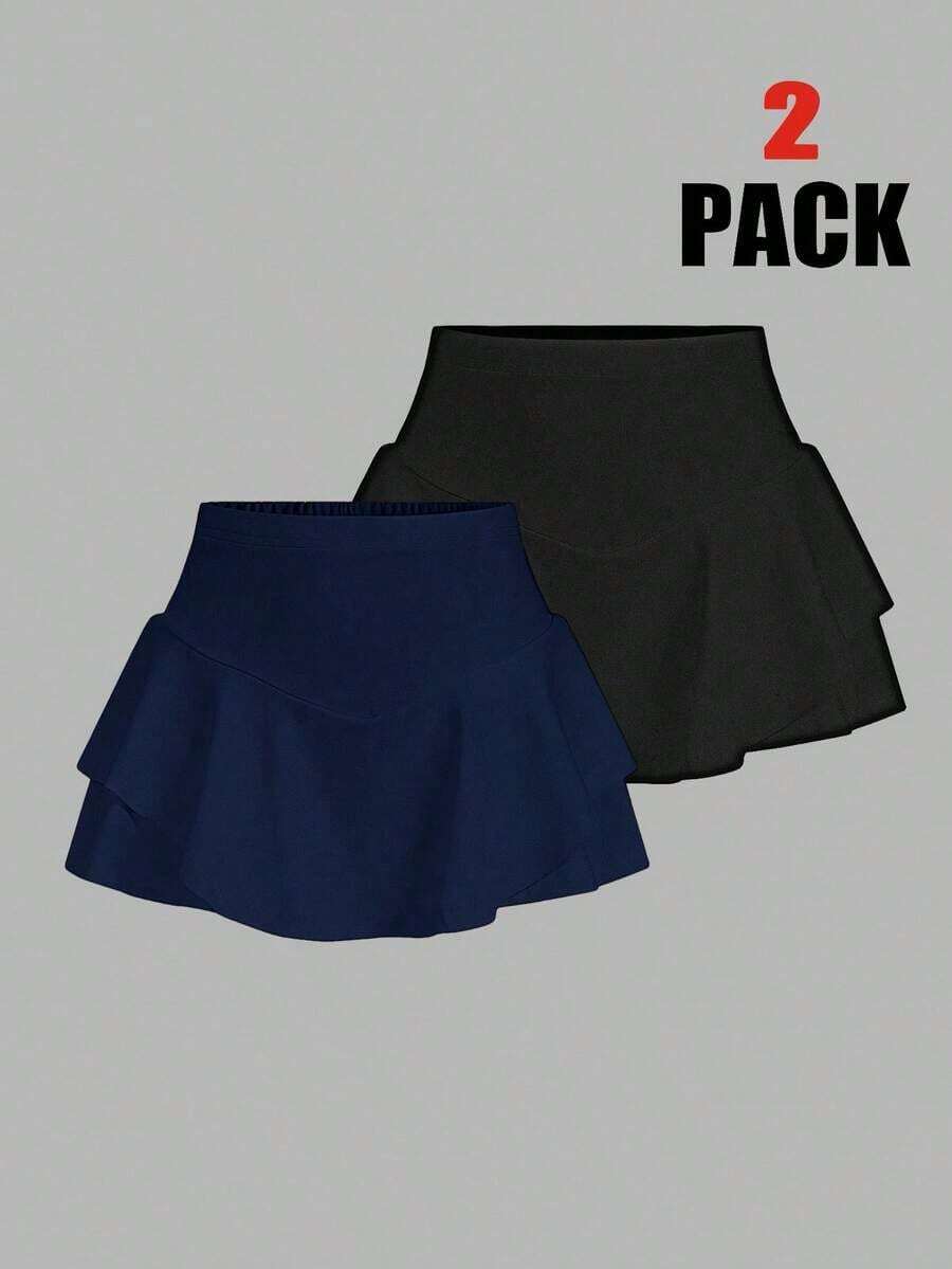 2 piezas Falda pantalón deportiva minimalista de unicolor para uso casual y diario de mujer, faldas cortas de verano, conjunto de 2 faldas pantalón, faldas de tenis para mujer - Azul marino - Ver 1