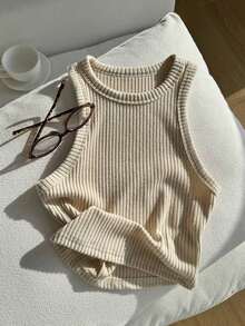 Camiseta de tirantes casual de cuello redondo color café oscuro, estilo deportivo de verano para mujer - Albaricoque - Ver 5