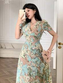 Vestido de mujer de ajuste ceñido con cuello cruzado, botones de perlas y mangas abullonadas - Multicolor 2 - Ver 4