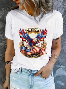 Women's Casual Cotton Blouses In White, Short-Sleeved T-Shirt With Patriotic Eagle, Independence Style Tops For Spring/Summer 2026 For Everyday Wear - 白色 - 查看 6