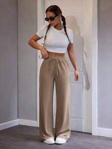 Pantalones de chándal de mujer de punto de unicolor, cómodos y casuales con pierna ancha - Camel - Ver 6
