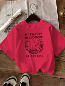 Camiseta Casual de Vacaciones para Mujer, Camiseta de Manga Corta con Diseño de Tai Chi, Estilo Deportivo - Rojo - Ver 1