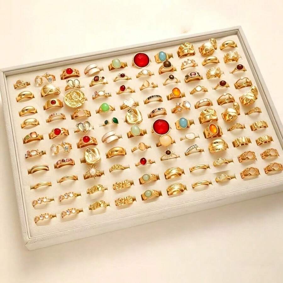 7/16pcs Geometric Shape Ring Set, Elegant Luxury Mixed Styles, Couple Rings For Party, Wedding, Daily Wear, Fashion Jewelry Gift, Random Assortment - Gold - View 1