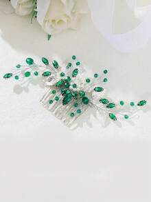 1pc Women's Elegant Handmade Alloy Leaf & Ceramic Flower Faux Pearl Hair Comb, Bridal Wedding Party Accessory - Green - View 4