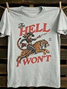 Ropa de Vacaciones para Mujer: Camiseta de Vaquera "The Hell I Won't" para Mujer – Camiseta de Cuello Redondo con Gráficos Retro de Motociclista y Tatuaje Western, Top Casual Estilo Wild Western. Esta es una camiseta de manga corta para mujer, suave, agradable al tacto, versátil y de puro algodón, adecuada para el uso diario, ocasiones informales y ropa deportiva. Es una camiseta de algodón puro para mujer, holgada, cómoda y deportiva, ideal para primavera/verano, perfecta como capa base. Holgada y cómoda, ideal para las vacaciones de verano de las mujeres. - Gris - Ver 11