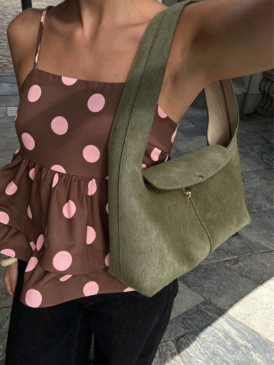 女款春夏優雅休閒時尚經典圓點印花雙層荷葉邊下擺吊帶上衣 - 雙層荷葉邊邊緣、百褶、可調節肩帶、短版薄款,適合日常通勤、度假、情人節休閒出遊吊帶上衣 - 咖色粉點 - 查看 1