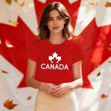 Women's Casual Cotton T-Shirt With Canadian Flag And Heart Print, Short Sleeve, Round Neck, Drop Shoulder, Cute Summer Garment With Slightly Stretchy Fabric - 紅色3 - 查看 4