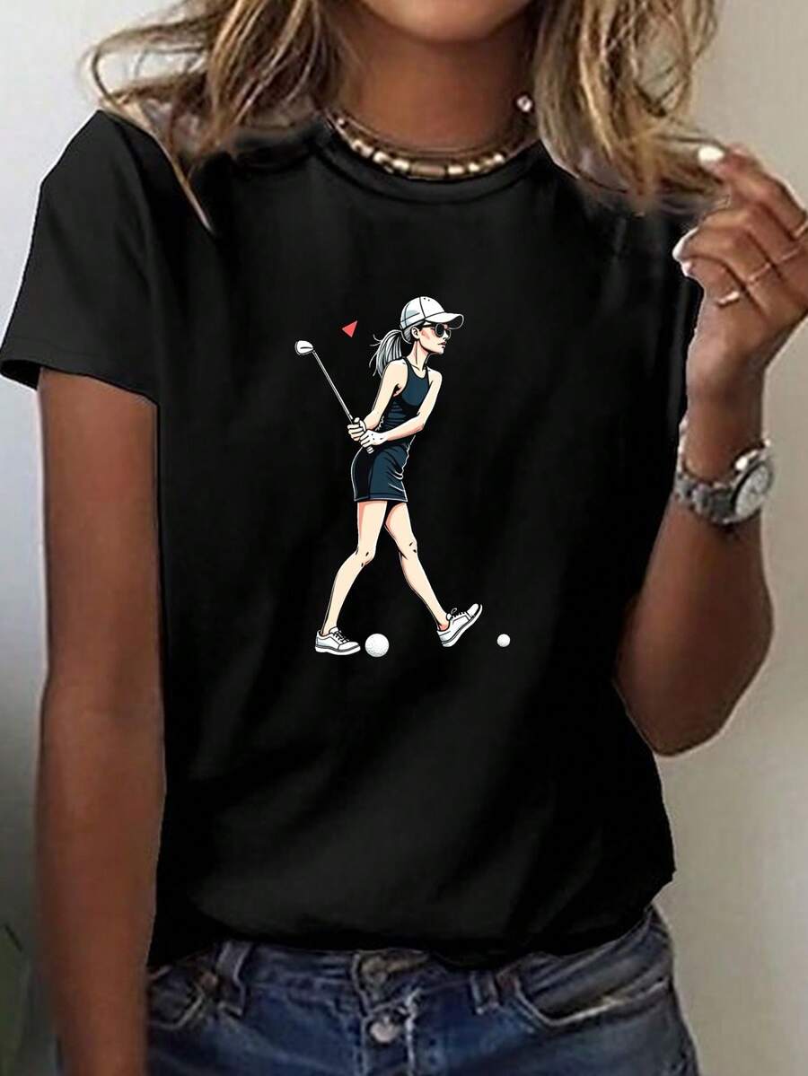 Talla grande - talla extra grande - camiseta de mujer, hecha de algodón puro, tela ligera y transpirable, diseño de cuello redondo, diseño estampado, corte de manga corta, adecuada para primavera y verano. - Negro - Ver 1
