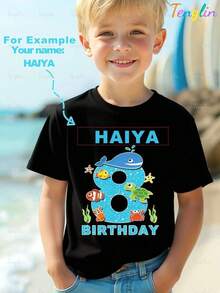 Personalized Name Birthday T-Shirt, Birthday Design With Sea Animals And Numbers, Creative Cartoon Print, Fashionable Short-Sleeved T-Shirt For Children, Cute Casual Short-Sleeved Round Neck T-Shirt For Kids, Suitable For Birthday Outfits In Spring, Summer And Autumn. - 黑色 - 查看 1